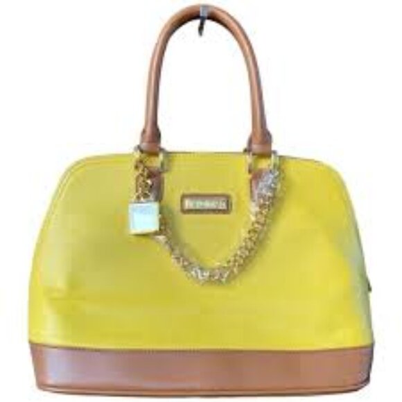 Joy & Iman Satchel Dome Handbag Faux Leather Yellow and Tan - NWT - Picture 2 of 15